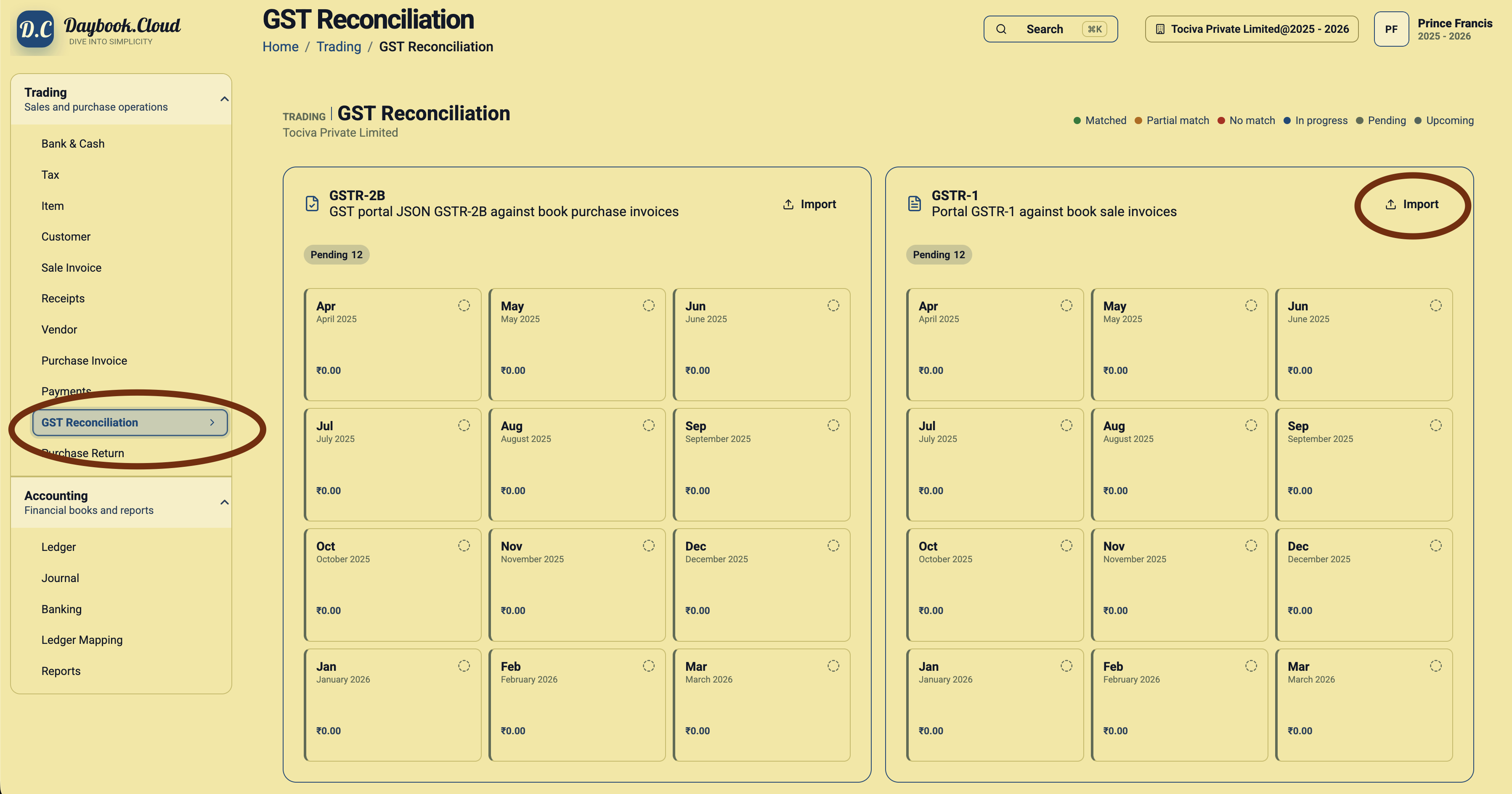 GST Reconciliation page in Daybook.Cloud with the GST Reconciliation menu and GSTR-1 Import button highlighted
