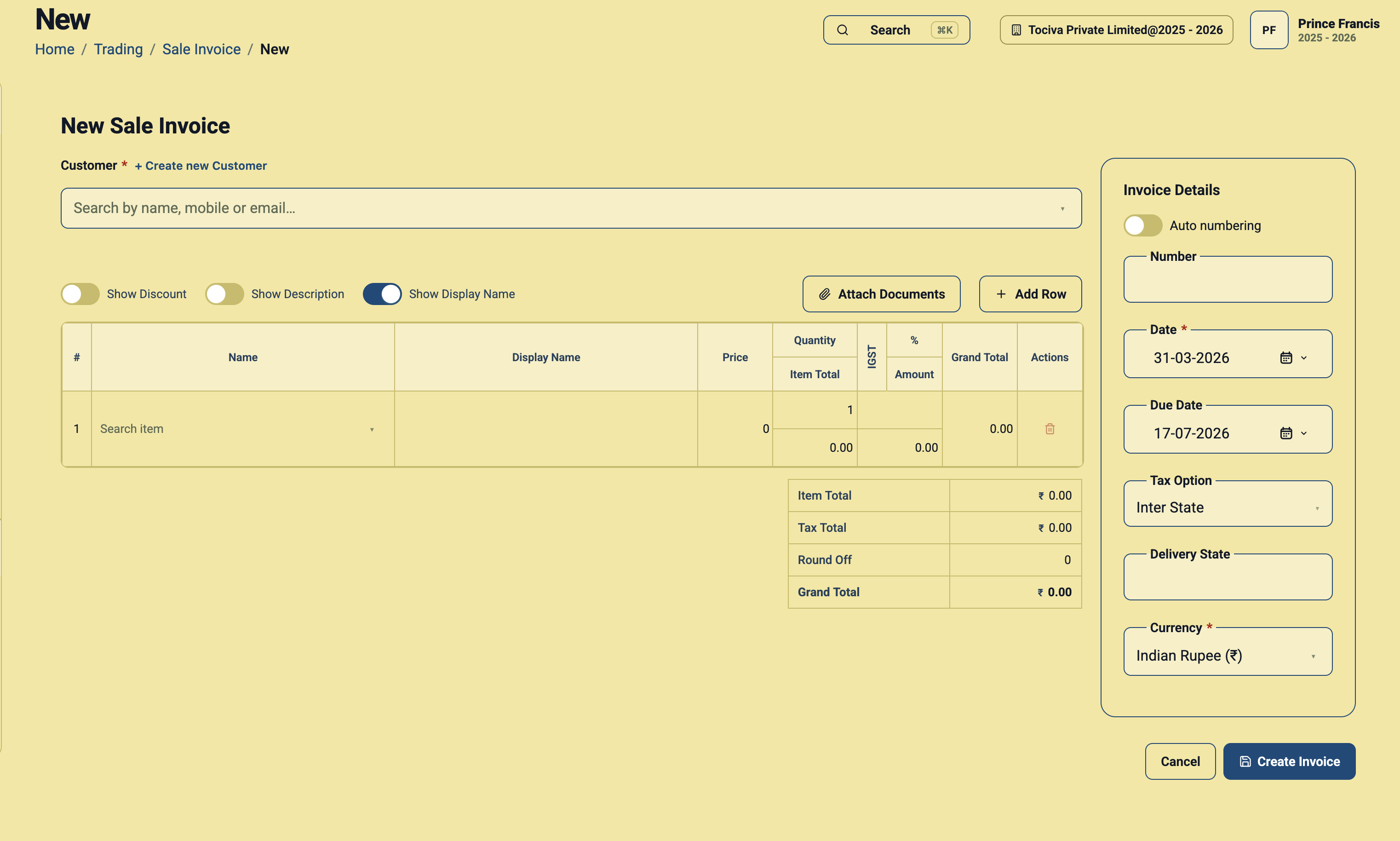 New Sale Invoice form in Daybook.Cloud with auto numbering disabled, a manual Number field, Inter State tax option, delivery state, and currency
