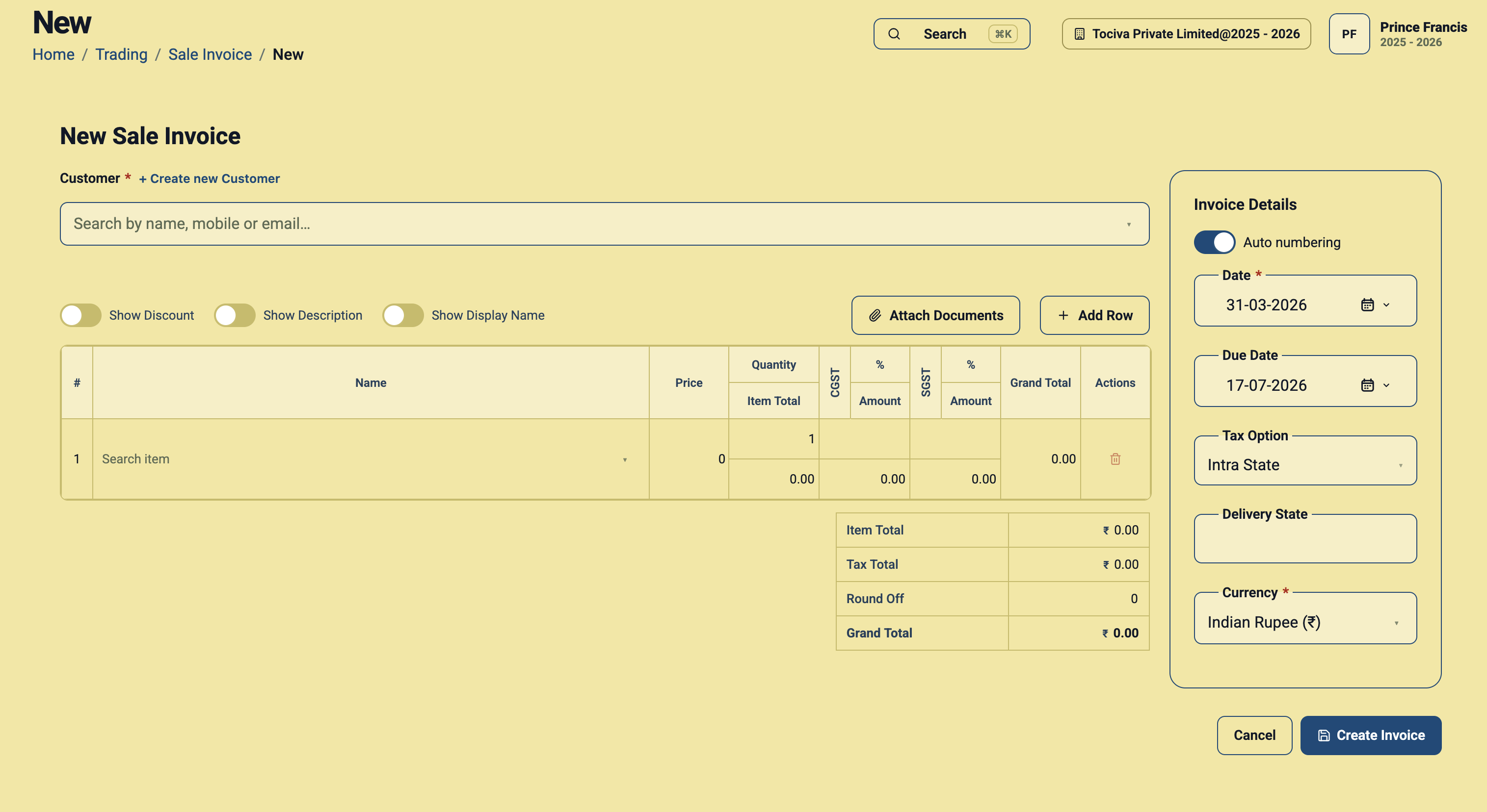 New Sale Invoice form in Daybook.Cloud showing automatic numbering, dates, Intra State tax option, delivery state, currency, item rows, CGST, SGST, totals, and Create Invoice button