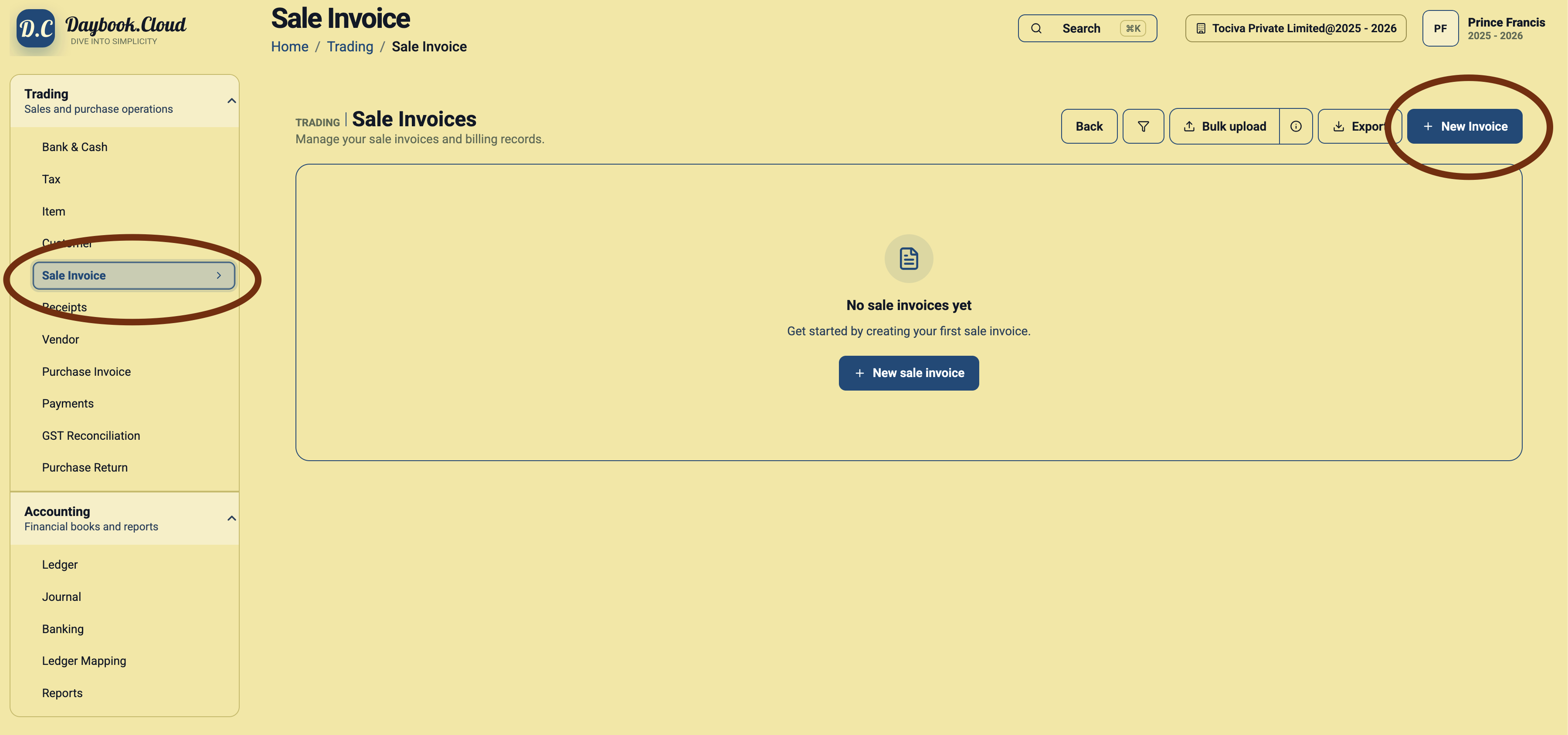 Sale Invoices page in Daybook.Cloud with the Sale Invoice menu and New Invoice button highlighted