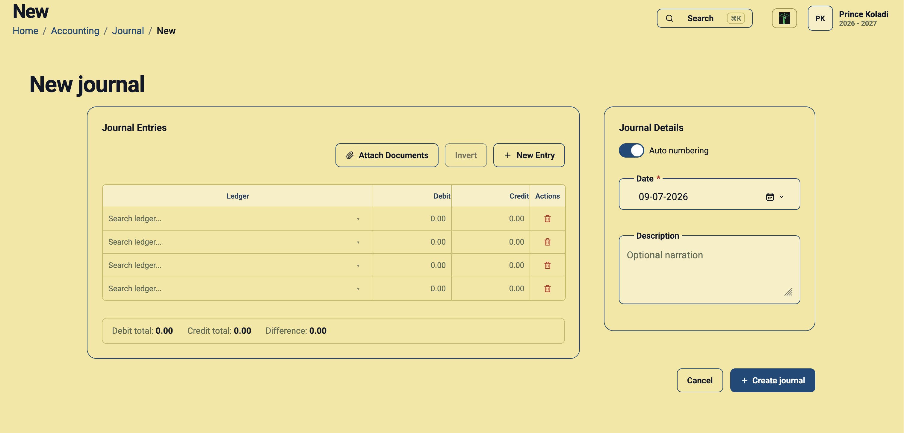 New Journal form in Daybook.Cloud with ledger rows, debit and credit columns, journal date, description, and Create journal button