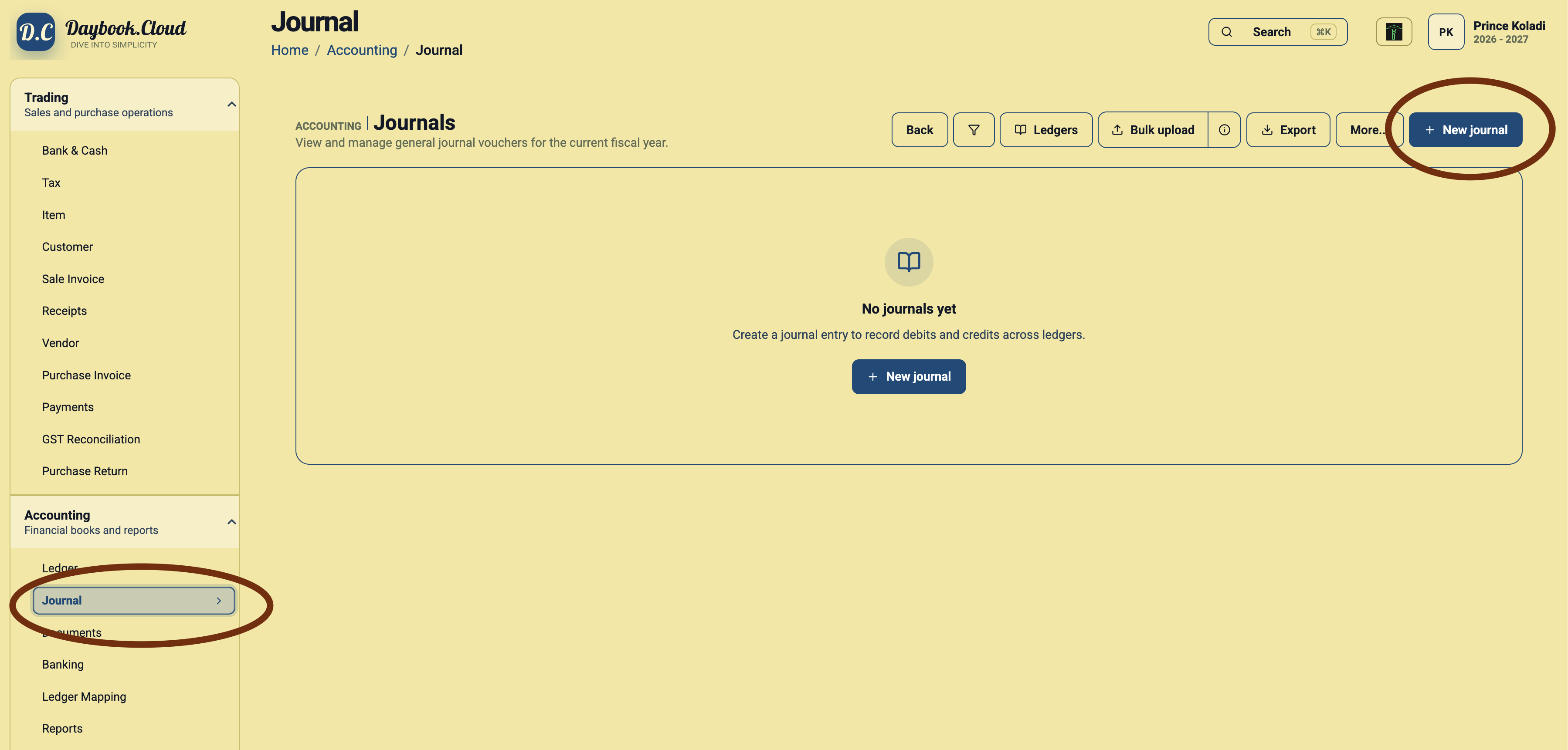 Daybook.Cloud Journals page with the Accounting Journal menu and New journal button highlighted